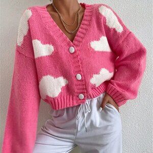 Contrast Cloud Pattern Cropped Button-Up Cardigan